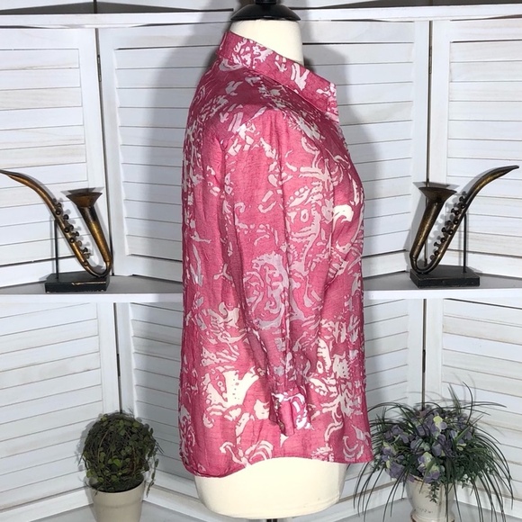 Chico's Abstract Linen Blend Button Down Shirt Pink White Extra Large - Picture 3 of 10